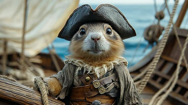 A gopher dressed as a pirate stands on a ship at sea.