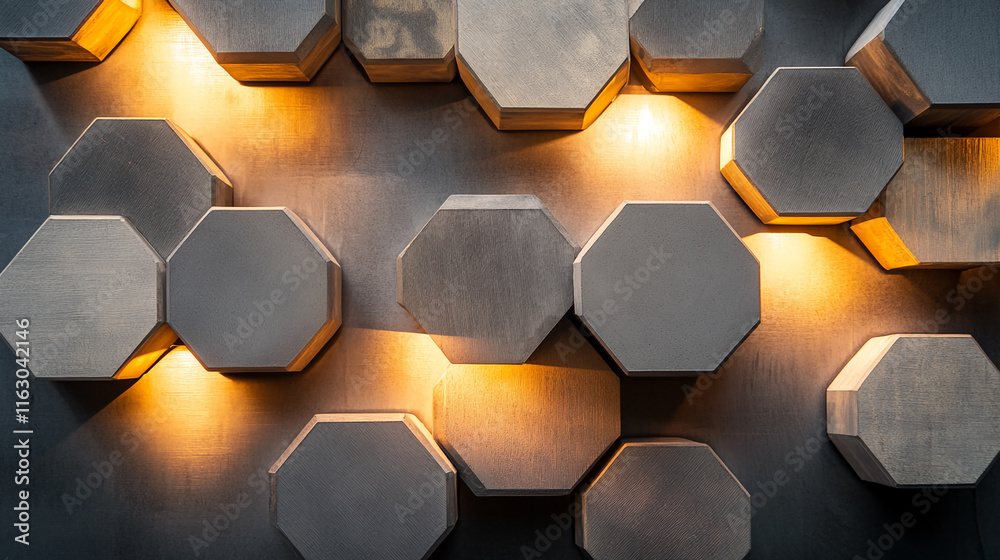 Poster Modern hexagonal light installation with warm glowing accents on a textured wall