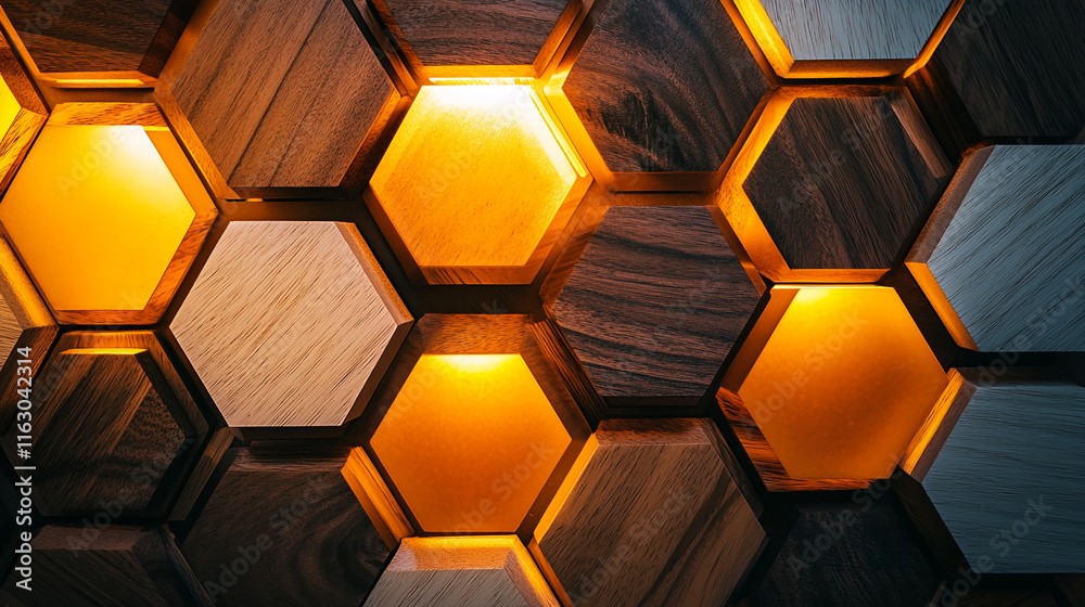 Poster Wooden hexagonal design with glowing orange lights and intricate textures