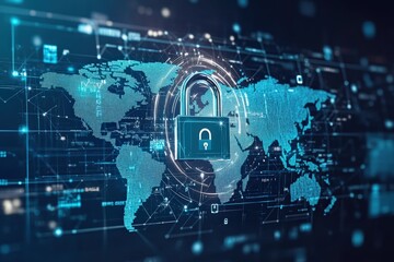 Fototapeta premium modern padlock symbol overlaid with a world map and digital elements, all in hues of blue. The scene represents global cybersecurity