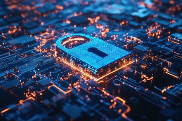 modern padlock symbol overlaid with a world map and digital elements, all in hues of blue. The scene represents global cybersecurity