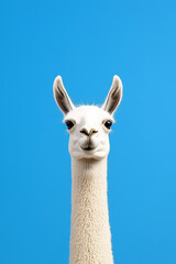 Naklejka premium Llama looking curiously against a bright blue background