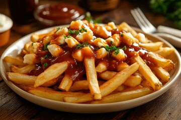 classic Canadian poutine, featuring crispy golden fries smothered in rich, savory gravy, topped with generous chunks of squeaky cheese