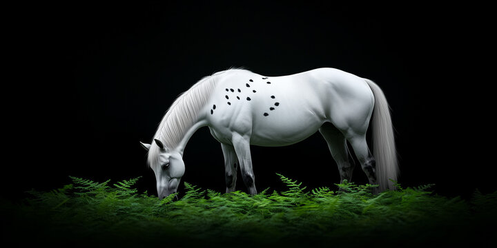 White horse grazing on ferns against a dark background
