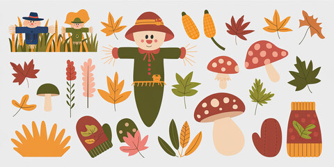 Autumn Harvest Scarecrow Fall Leaves Mushrooms Corn Mittens Illustration