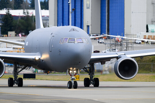Everett, WA, USA - December 12, 2024; Boeing KC-46A Pegasus 767 military tanker aircraft taxiing at Paine Field factory