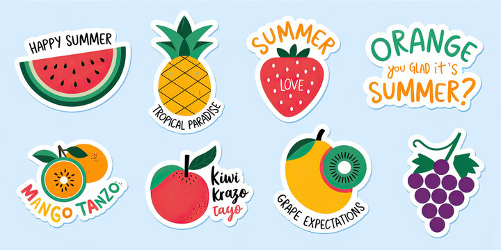 Summer Fruit Stickers Watermelon Pineapple Strawberry Orange Kiwi Mango Grape Designs