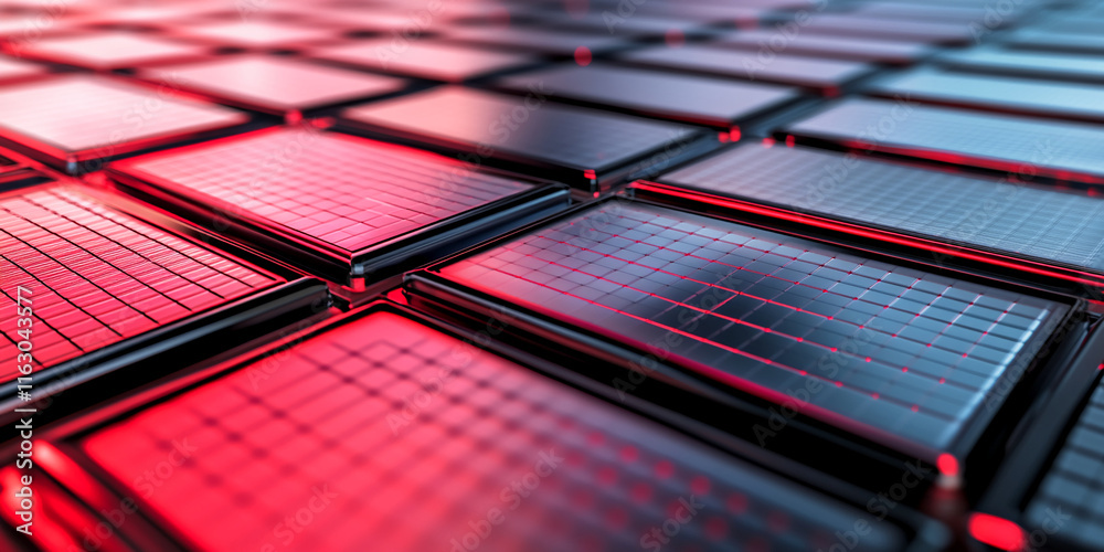 Poster Abstract geometric grid with red and black metallic tiles creating a futuristic design
