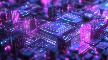 Obraz premium A vibrant, abstract representation of a futuristic circuit board with glowing elements.