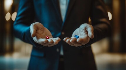 A person in a suit presents two choices, a red pill and a blue pill, symbolizing decision-making and dilemmas in a dimly lit setting, creating a mysterious atmosphere.