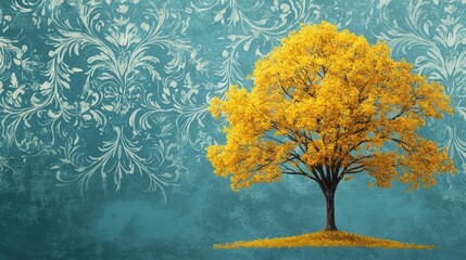 Yellow Tree Against Teal Background with White Ornate Pattern