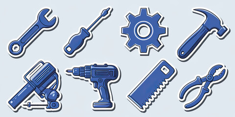 Blue Tools Stickers Wrench Screwdriver Gear Hammer Drill Saw Pliers Leaf Blower