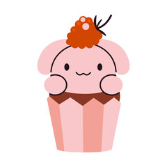 Cute holiday cupcake shaped like a puppy or rabbit. Colorful delicious desserts with bow and cherry, festive decor. Trendy modern vector illustration isolated on white background, hand drawn, flat