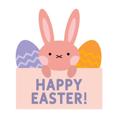 Happy Easter banner with cute rabbit and eggs, pastel colors. Trendy modern vector illustration isolated on white background, hand drawn, flat design