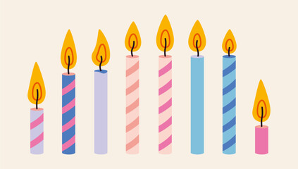Various Birthdays celebration burning candles.  Festive traditional cake decoration. Trendy modern vector illustration isolated on background, hand drawn, flat design