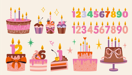 Set with cute celebration cake, cupcakes and Birthdays burning candles in the form of numbers. Trendy modern vector illustration isolated on background, hand drawn, flat design
