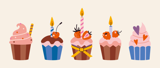 Set with cute cupcakes and Birthdays celebration burning candles. Trendy modern vector illustration isolated on background, hand drawn, flat design