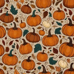 seamless pattern with pumpkins,pumpkin and autumn leaves,Autumn panoramic background with pumpkins pattern, vector. Happy Thanksgiving greeting card