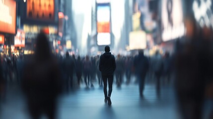 A lone silhouette makes its way through a bustling, blurry crowd in a vibrant city street, illuminated by colorful glowing lights as night descends.
