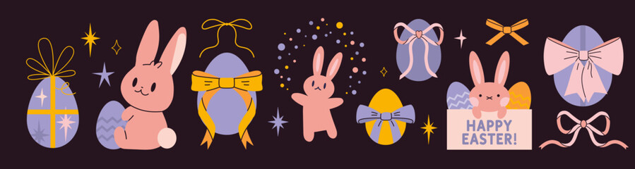 Happy Easter set with cute rabbits, eggs, bows and stars, pastel colors. Trendy modern vector illustration on black background, hand drawn, flat design