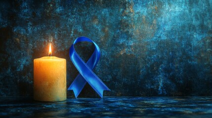 Lit candle and blue ribbon symbolize remembrance and support