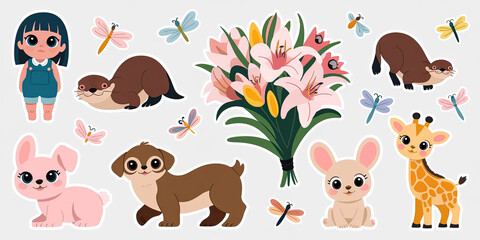 Fototapeta premium Cute Animal Stickers Bunny Dog Otter Giraffe Girl Flowers Dragonflies