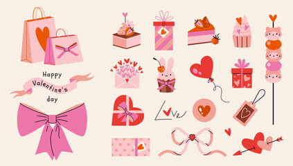Happy Valentines Day elements set. Romantic objects like hearts, cake, balloons, gifts, bow and sweets. Trendy modern vector illustration isolated on background, hand drawn, flat design