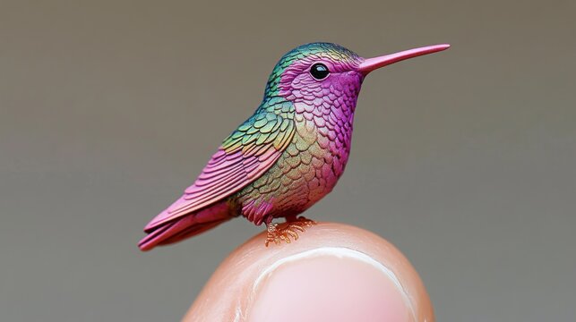 A small hummingbird with strikingly colorful pink and green feathers sits gently on the edge of a fingertip, showcasing nature's delicate and intricate beauty.