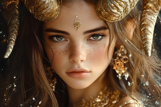 Close-Up of Beautiful Woman with Capricorn Zodiac Horns, Freckled Face, Golden Details, Mystical Jewelry, and Dark Ethereal Background, Featuring Astrological Symbolism and Warm Golden-Brown Tones
