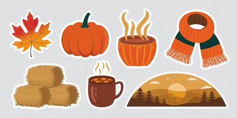 Autumn Harvest Stickers Fall Leaves Pumpkins Hay Bales Hot Drinks Scarf Sunset Landscape