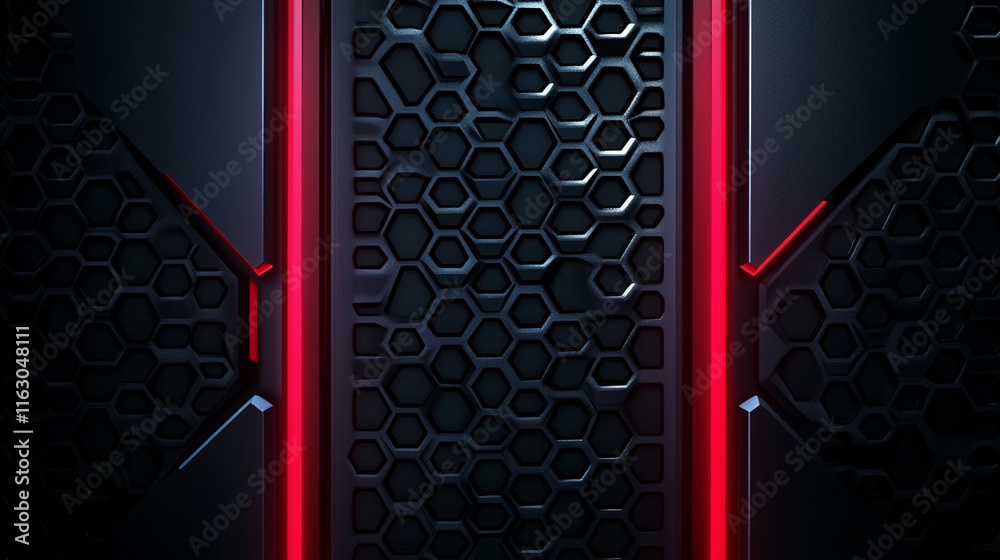 Poster Futuristic dark panel with red neon accents and hexagonal patterns creating a modern industrial design
