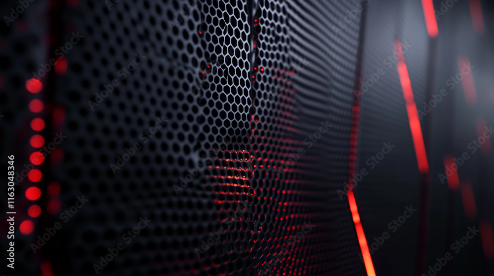 Poster close-up of a futuristic black metal surface with hexagonal perforations and glowing red light effec