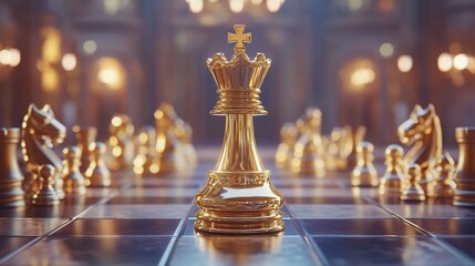Golden queen chess piece on board.