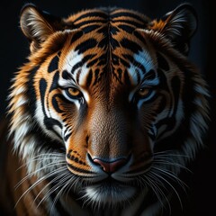 Fototapeta premium Experience the captivating gaze of a majestic tiger, showcasing its striking orange and black fur in stunning detail. This close-up portrait highlights the tiger's powerful features. Generative AI.