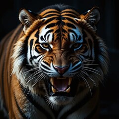 Fototapeta premium Experience the captivating gaze of a majestic tiger, showcasing its striking orange and black fur in stunning detail. This close-up portrait highlights the tiger's powerful features. Generative AI.