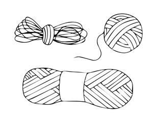 Set of skeins of thread for hand knitting. Vector illustration in doodle style isolated on white background.