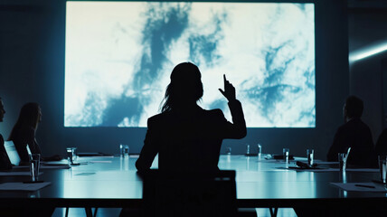 A businesswoman leads a team meeting in a stylish conference room, using a projector to present data, effectively engaging her audience with visual insights.
