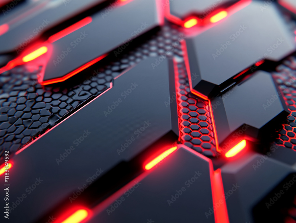 Poster Futuristic hexagonal and geometric patterns with glowing red lights and metallic textures