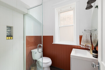 A small bathroom with red paneling, white walls, a tiled niche in the shower with small bottles, and a white cabinet and sink. No brands or labels.