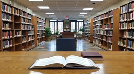 Fototapeta premium Open Book in a Tranquil Library Setting: A Place for Knowledge and Reflection