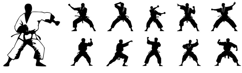 set of silhouettes of people doing karate fighting, martial arts