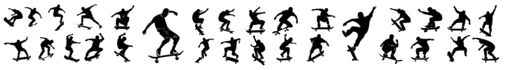 set of silhouettes of people skateboarding