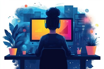 Modern illustration of a creative professional working in a vibrant workspace