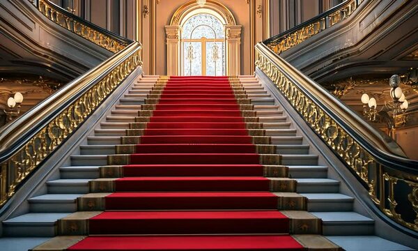 An elegant staircase with a red carpet, ornate railings, and a grand window, showcasing luxury design.