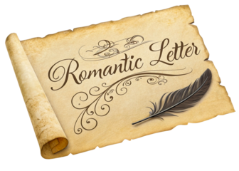 Romantic letter crafted on aged parchment with quill pen lying beside it for heartfelt expression isolated on transparent background