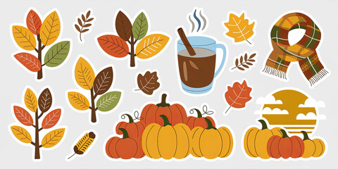 Autumn Stickers Fall Leaves Pumpkins Hot Drink Scarf