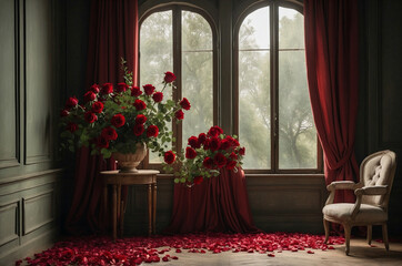 Luxurious Romantic Interior with Red Drapes and Rose Petals
