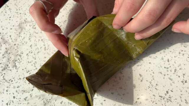 Palm Leaf Pie. Vietnamese food in palm leaf. Vietnamese street food, served in green palm leaves in Ba Be National Park.