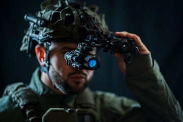 A serviceman using binocular night vision in the darkness. Close up.
