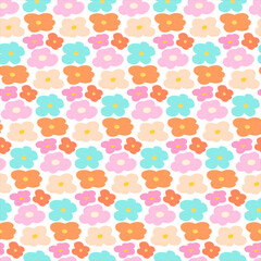 Seamless Pastel Floral Pattern with Blue, Pink, Orange, Yellow, and Peach Flowers on White Background